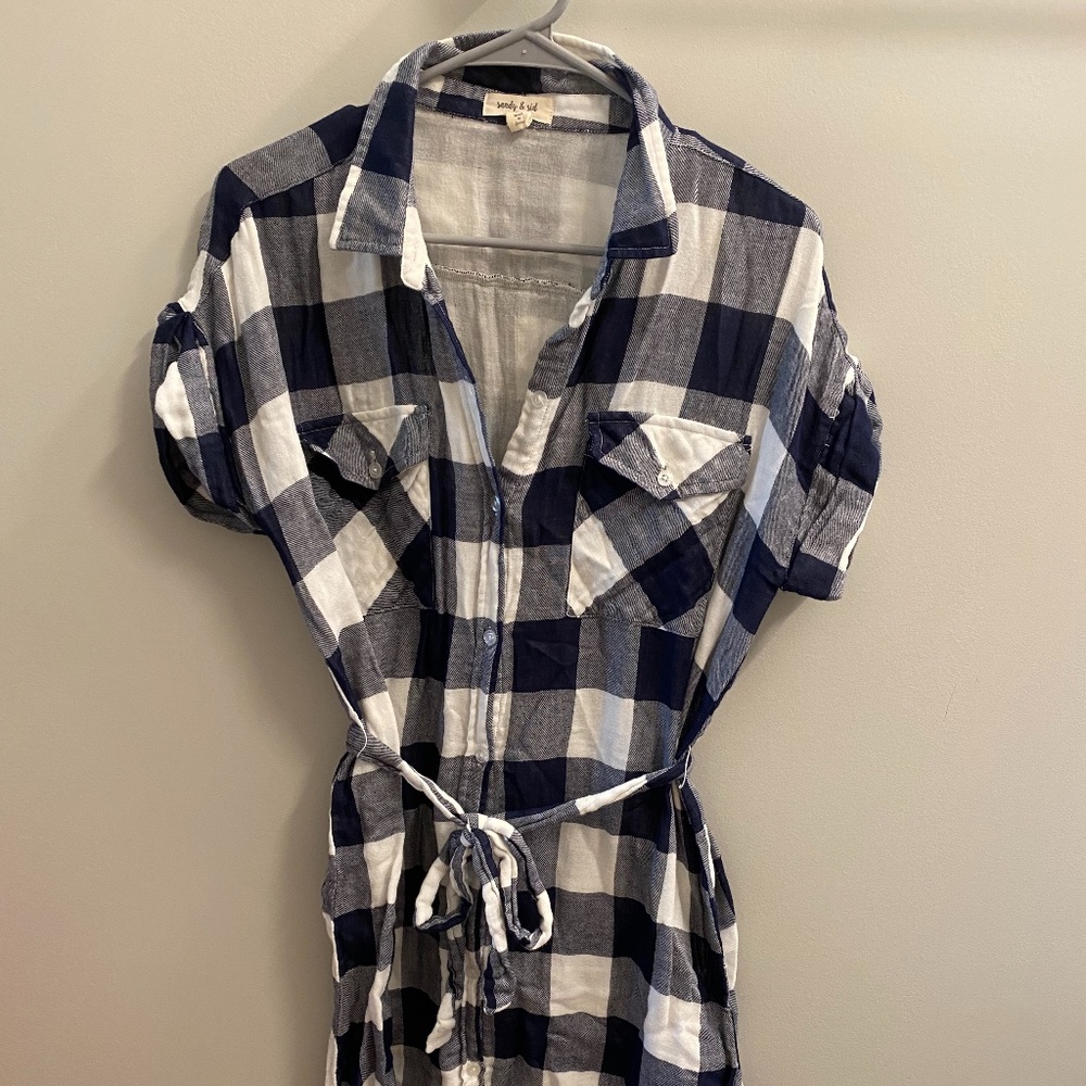 Navy and White Gingham Flannel Shirt Dress